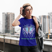 Navy Blue Celestial Beauty T-shirt (Size L) with a captivating butterfly motif surrounded by cosmic and botanical designs, perfect for any occasion.