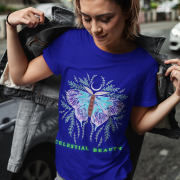 Celestial Beauty T-shirt in Navy Blue (Size M) adorned with an ethereal butterfly and celestial elements, blending sophistication and comfort perfectly.