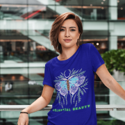 Navy Blue Celestial Beauty T-shirt (Size S) showcasing a stunning pastel butterfly design with cosmic and floral accents, ideal for elegant fashion.
