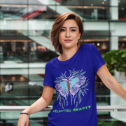 Navy Blue Celestial Beauty T-shirt (Size S) showcasing a stunning pastel butterfly design with cosmic and floral accents, ideal for elegant fashion.