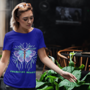 Celestial Beauty T-shirt in Navy Blue (Size XL) featuring an intricate butterfly and celestial design, combining elegance and charm in every detail.
