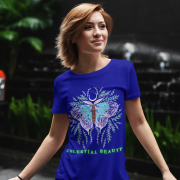 Celestial Beauty T-shirt in Navy Blue (Size XS) featuring a delicate butterfly design with celestial and botanical details for a graceful and stylish look.