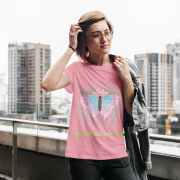 Celestial Beauty T-shirt in Pink (Size L) adorned with a graceful butterfly and botanical accents, symbolizing transformation and beauty.