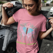 Pink Celestial Beauty T-shirt (Size M) showcasing a pastel butterfly design with intricate celestial details, ideal for casual and elegant wear.
