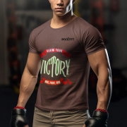 Claim Your Victory Tee in coffee brown, size XL, highlighting the electrifying 'Rise, Fight, Win' design, crafted for motivated personalities.