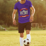 Claim Your Victory Tee in navy blue, size L, highlighting the vibrant 'Rise, Fight, Win' typography, ideal for those who inspire and lead.