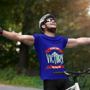 Claim Your Victory Tee in navy blue, size M, with the motivational 'Rise, Fight, Win' slogan, designed for individuals driven to achieve greatness.