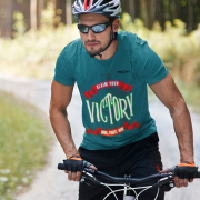 Claim Your Victory Tee in petrol blue, size S, featuring the bold 'Rise, Fight, Win' graphic, perfect for motivated individuals.