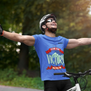 Claim Your Victory Tee in royal blue, size M, showcasing the vibrant 'Rise, Fight, Win' design, ideal for expressing determination and strength.