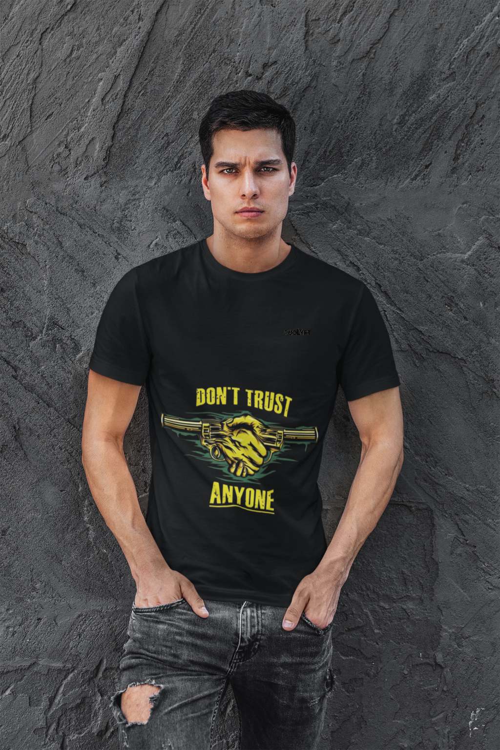 Black Dual Design Graphic T-Shirt in size S with vibrant 'Don’t Trust Anyone' and 'Defend Their Crown' graphics. Comfortable, durable, and stylish, crafted with 240 GSM cotton.