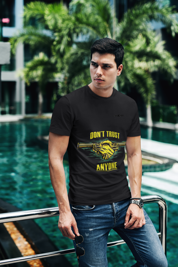Black Dual Design Graphic Tee in size XS featuring bold 'Don’t Trust Anyone' and 'Defend Their Crown' designs, perfect for making a statement. Made with premium 240 GSM cotton.