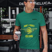 Bottle Green Dual Design Graphic T-Shirt in size M showcasing striking 'Don’t Trust Anyone' and 'Defend Their Crown' prints. Crafted with premium 240 GSM cotton for all-day ease.