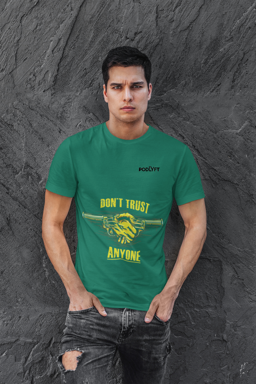 Bottle Green Dual Design Graphic T-Shirt in size S with vibrant 'Don’t Trust Anyone' and 'Defend Their Crown' graphics. Made from soft, breathable 240 GSM cotton for a stylish fit.