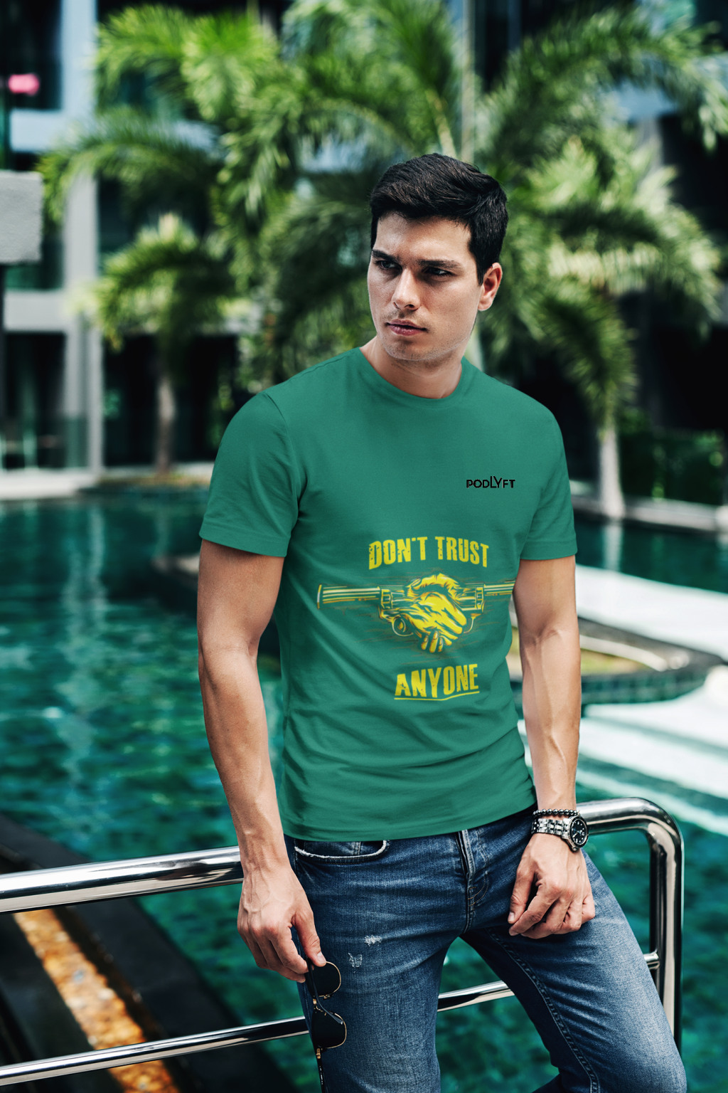 Bottle Green Dual Design Graphic T-Shirt in size XS featuring bold 'Don’t Trust Anyone' and 'Defend Their Crown' designs. Premium quality 240 GSM cotton for comfort and durability.