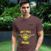 Coffee Brown Dual Design Graphic T-Shirt in size L featuring eye-catching 'Don’t Trust Anyone' and 'Defend Their Crown' prints. Made from breathable 240 GSM cotton for a timeless style.