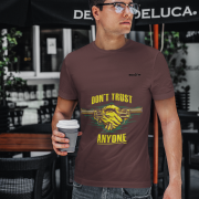 Coffee Brown Dual Design Graphic T-Shirt in size M showcasing vibrant 'Don’t Trust Anyone' and 'Defend Their Crown' designs. Premium 240 GSM cotton ensures lasting comfort and a sleek fit.