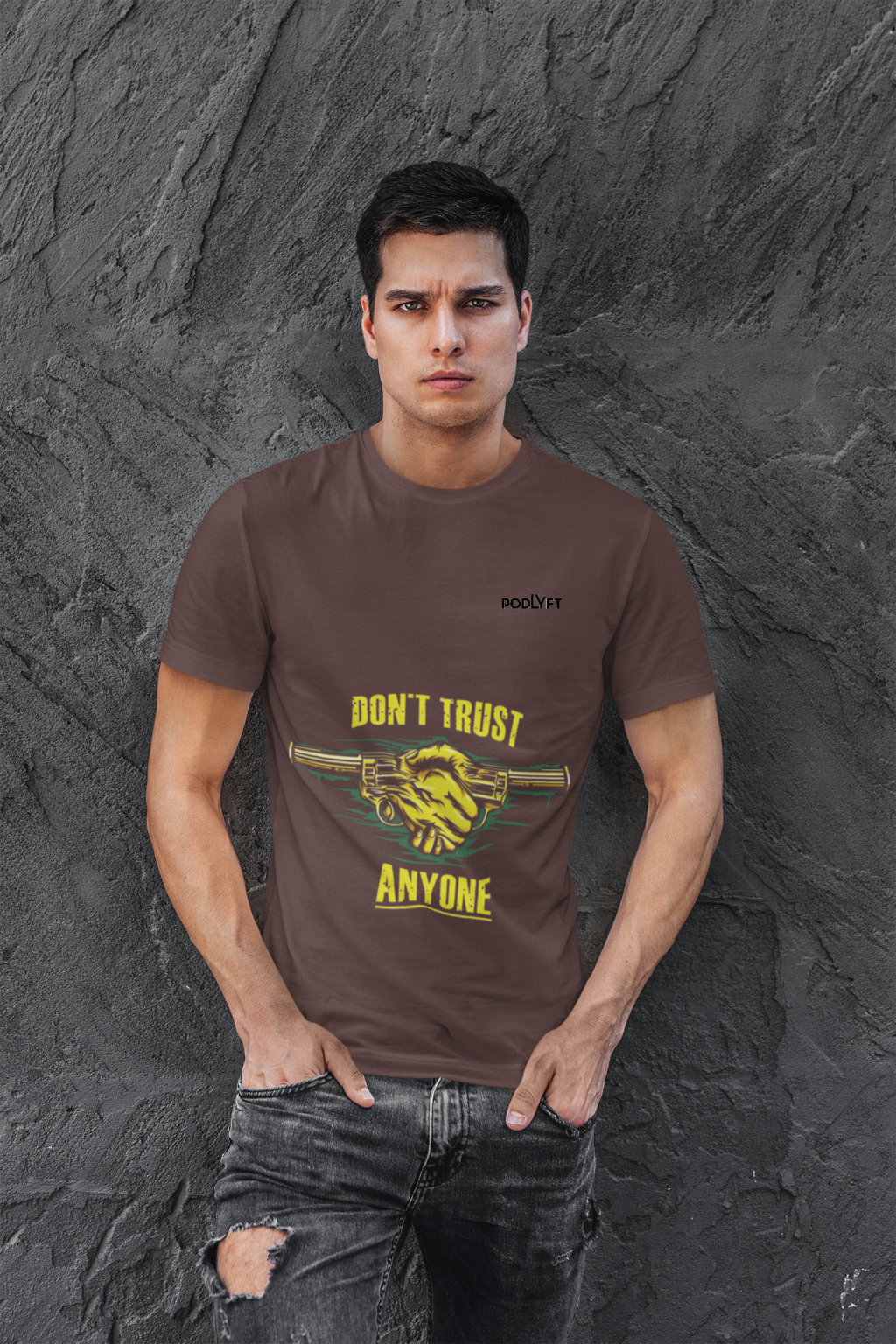 Coffee Brown Dual Design Graphic T-Shirt in size S with striking 'Don’t Trust Anyone' and 'Defend Their Crown' graphics. Crafted from soft and durable 240 GSM cotton for all-day wear.