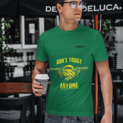 Flag Green Dual Design Graphic T-Shirt in size M with eye-catching 'Don’t Trust Anyone' and 'Defend Their Crown' designs. Soft and durable 240 GSM cotton ensures comfort and durability.