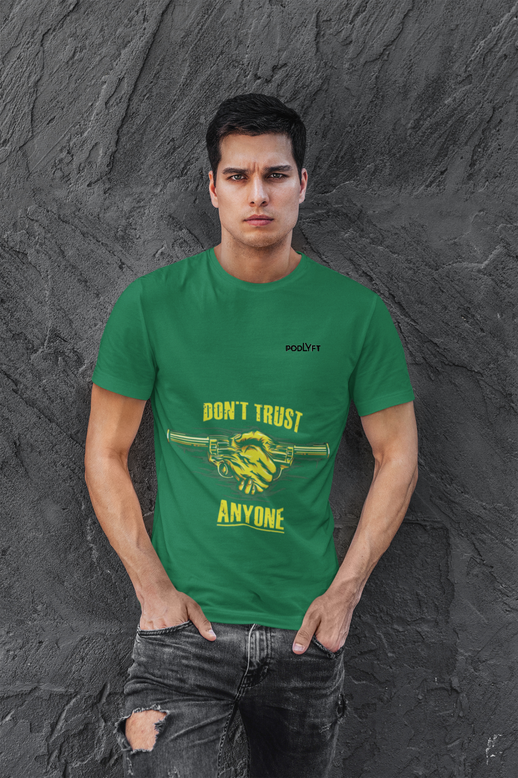 Flag Green Dual Design Graphic T-Shirt in size S showcasing striking 'Don’t Trust Anyone' and 'Defend Their Crown' prints. Crafted from high-quality 240 GSM cotton for everyday wear.
