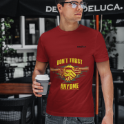 Maroon Dual Design Graphic T-Shirt in size M with bold 'Don’t Trust Anyone' and 'Defend Their Crown' graphics. Designed with soft and durable 240 GSM cotton for everyday style.