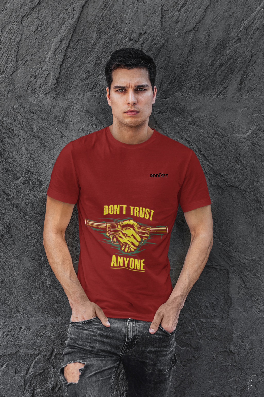 Maroon Dual Design Graphic T-Shirt in size S showcasing striking 'Don’t Trust Anyone' and 'Defend Their Crown' prints. Made with high-quality 240 GSM cotton for all-day wear.