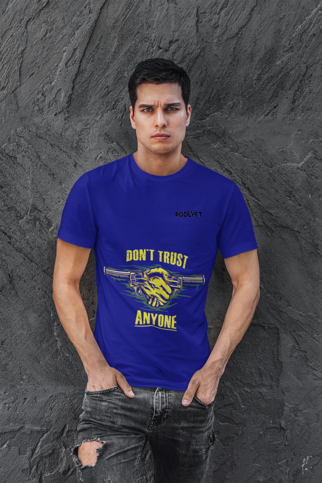 Navy Blue Dual Design Graphic T-Shirt in size S with striking 'Don’t Trust Anyone' and 'Defend Their Crown' prints. Crafted with high-quality 240 GSM cotton for all-day wearability.