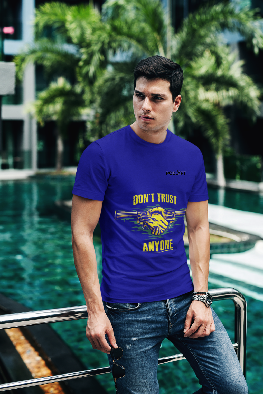 Navy Blue Dual Design Graphic T-Shirt in size XS showcasing bold 'Don’t Trust Anyone' and 'Defend Their Crown' designs. Made from premium 240 GSM cotton for ultimate comfort and style.