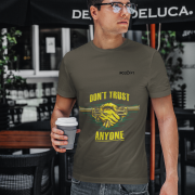 Olive Green Dual Design Graphic T-Shirt in size M featuring powerful 'Don’t Trust Anyone' and 'Defend Their Crown' graphics. Crafted with soft and durable 240 GSM cotton for unmatched comfort.