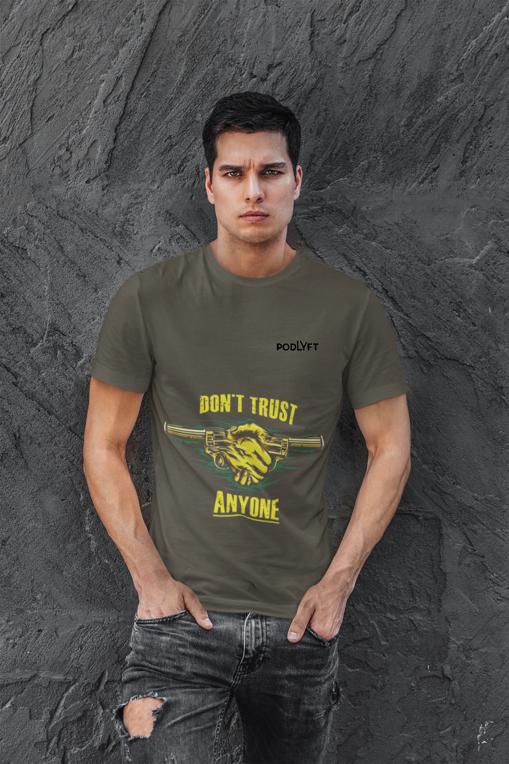 Olive Green Dual Design Graphic T-Shirt in size S showcasing striking 'Don’t Trust Anyone' and 'Defend Their Crown' prints. Designed with high-quality 240 GSM cotton for all-day wear.