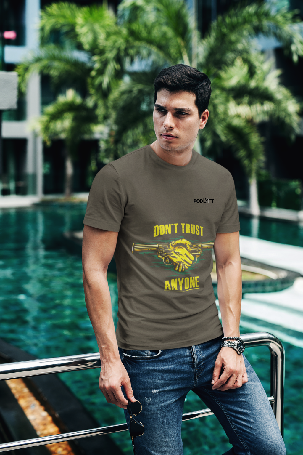 Olive Green Dual Design Graphic T-Shirt in size XS featuring bold 'Don’t Trust Anyone' and 'Defend Their Crown' designs. Made from premium 240 GSM cotton for style and comfort.