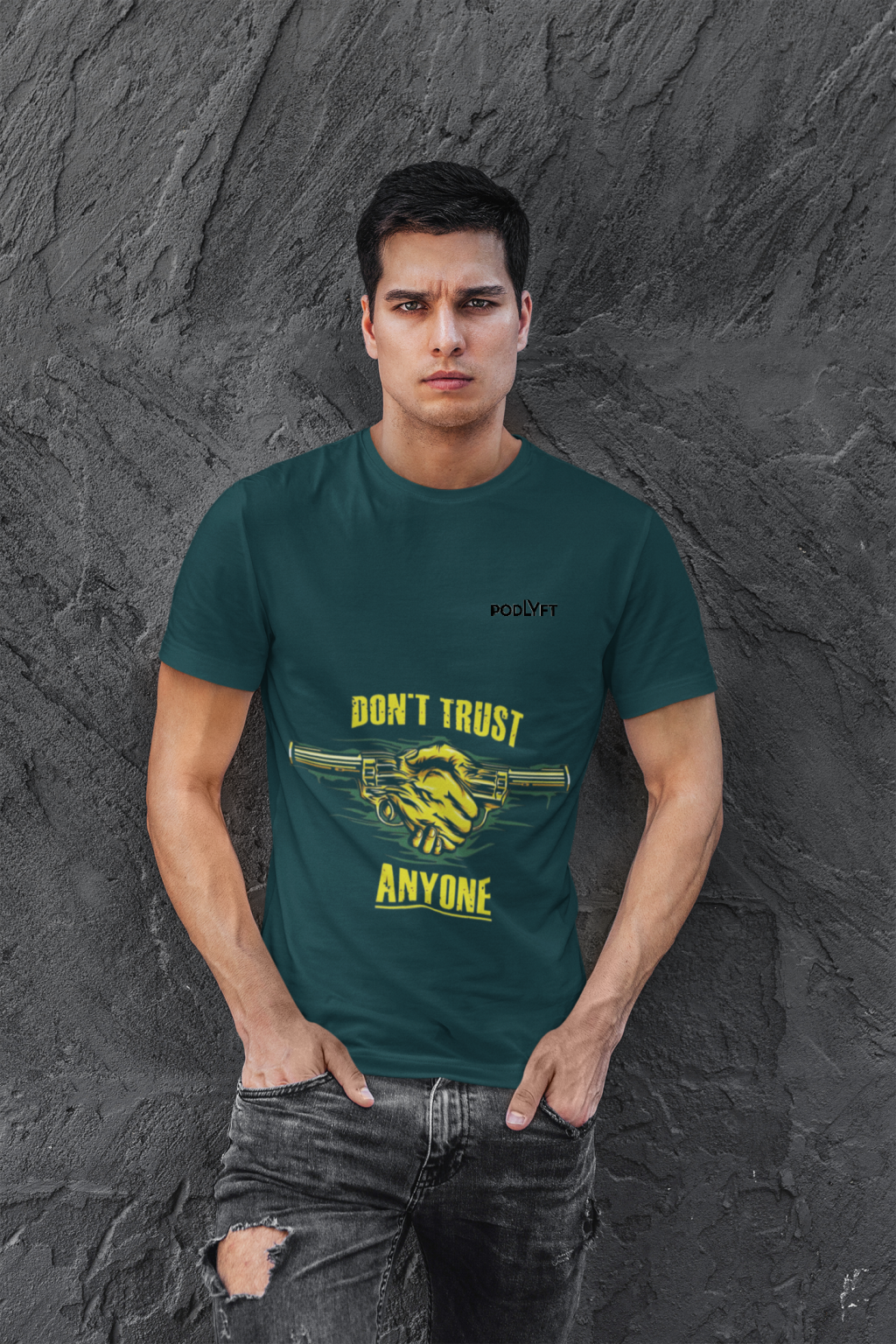 Petrol Blue Dual Design Graphic T-Shirt in size S showcasing bold 'Don’t Trust Anyone' and 'Defend Their Crown' prints. Crafted with 240 GSM cotton for a soft and stylish feel.