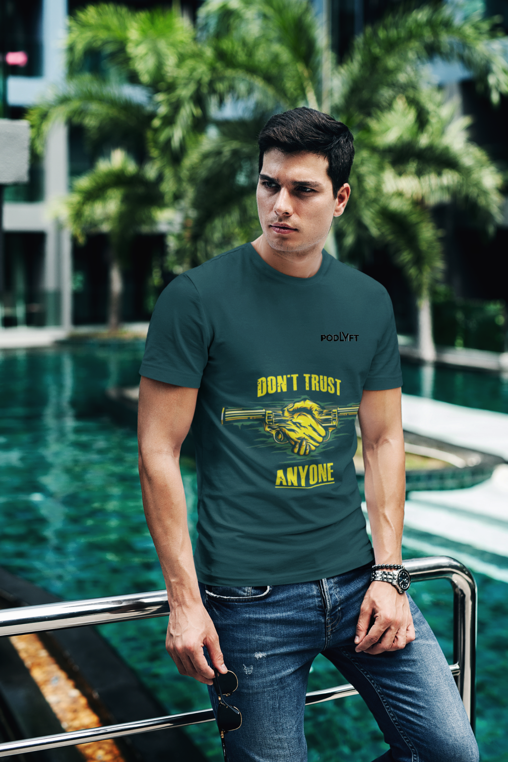 Petrol Blue Dual Design Graphic T-Shirt in size XS featuring iconic 'Don’t Trust Anyone' and 'Defend Their Crown' designs. Made with premium 240 GSM cotton for superior comfort and durability.