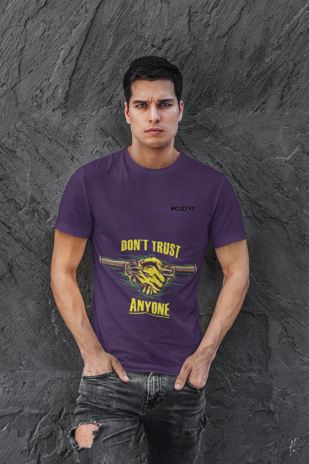 Purple Dual Design Graphic T-Shirt in size S showcasing striking 'Don’t Trust Anyone' and 'Defend Their Crown' prints. Crafted with 240 GSM cotton for a durable and soft feel.