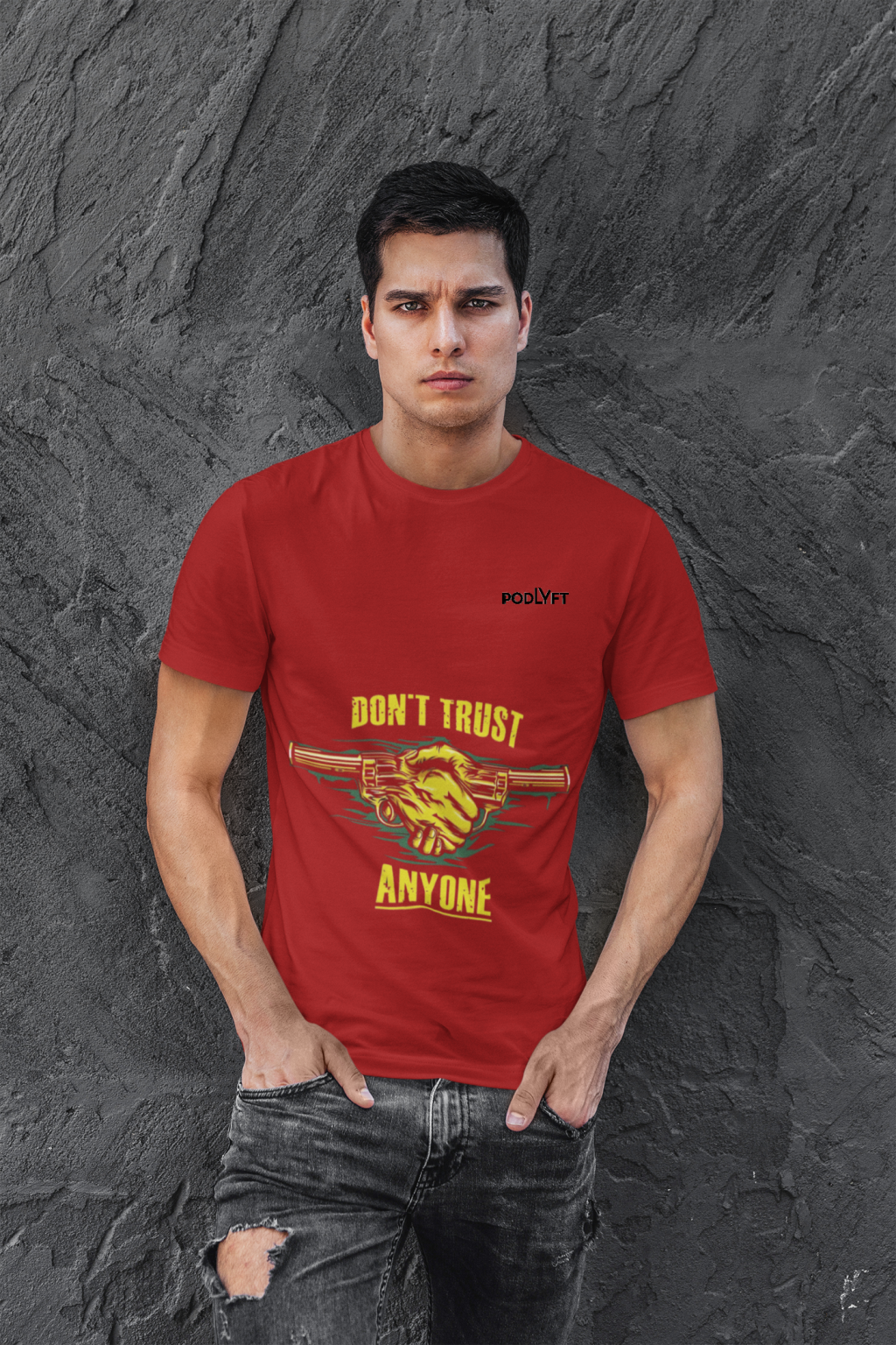 Red Dual Design Graphic T-Shirt in size S showcasing vibrant 'Don’t Trust Anyone' and 'Defend Their Crown' designs. Crafted from premium 240 GSM cotton for lasting quality and style.