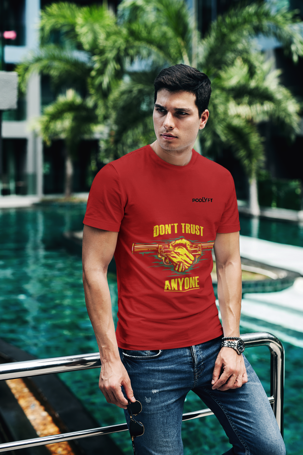 Red Dual Design Graphic T-Shirt in size XS featuring bold 'Don’t Trust Anyone' and 'Defend Their Crown' graphics. Made with premium 240 GSM cotton for superior comfort and durability.