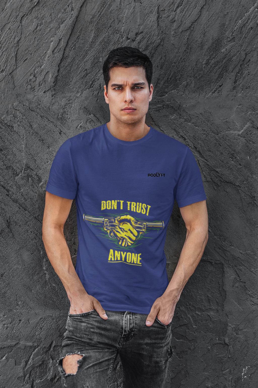 Royal Blue Dual Design Graphic T-Shirt in size S showcasing bold 'Don’t Trust Anyone' and 'Defend Their Crown' graphics. Crafted from premium 240 GSM cotton for superior style and lasting quality.