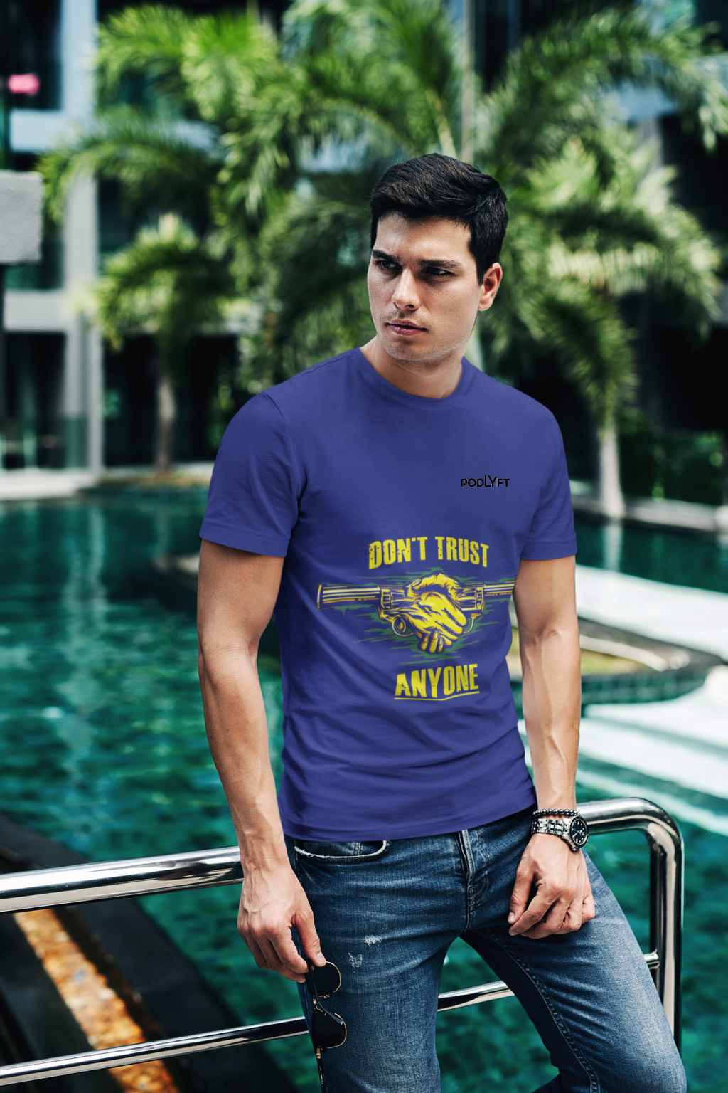 Royal Blue Dual Design Graphic T-Shirt in size XS featuring striking 'Don’t Trust Anyone' and 'Defend Their Crown' designs. Made with premium 240 GSM cotton for unmatched comfort and durability.