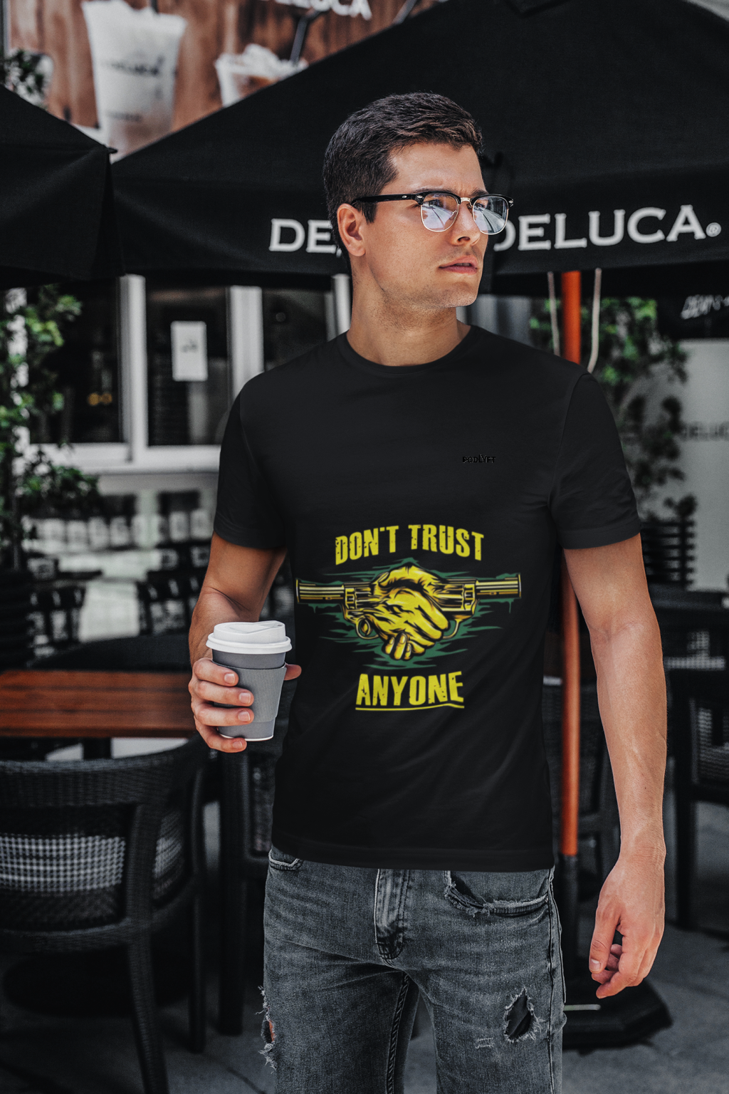 Black Dual Design Graphic Tee in size M showcasing striking 'Don’t Trust Anyone' and 'Defend Their Crown' prints. Made with soft, breathable 240 GSM cotton for all-day comfort.