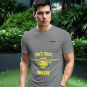 Charcoal Melange Dual Design Graphic T-Shirt in size L featuring vibrant 'Don’t Trust Anyone' and 'Defend Their Crown' prints. Premium 240 GSM cotton ensures comfort and a stylish fit.
