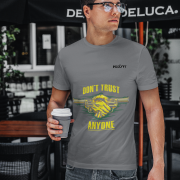 Charcoal Melange Dual Design Graphic T-Shirt in size M showcasing striking 'Don’t Trust Anyone' and 'Defend Their Crown' designs. Soft, breathable 240 GSM cotton for lasting comfort.