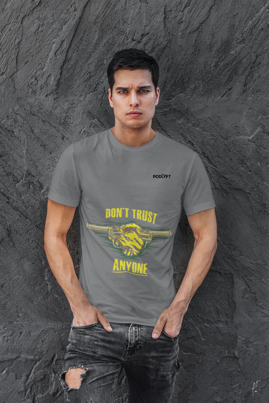 Charcoal Melange Dual Design Graphic T-Shirt in size S with eye-catching 'Don’t Trust Anyone' and 'Defend Their Crown' graphics. Crafted with 240 GSM cotton for durability and a modern look.