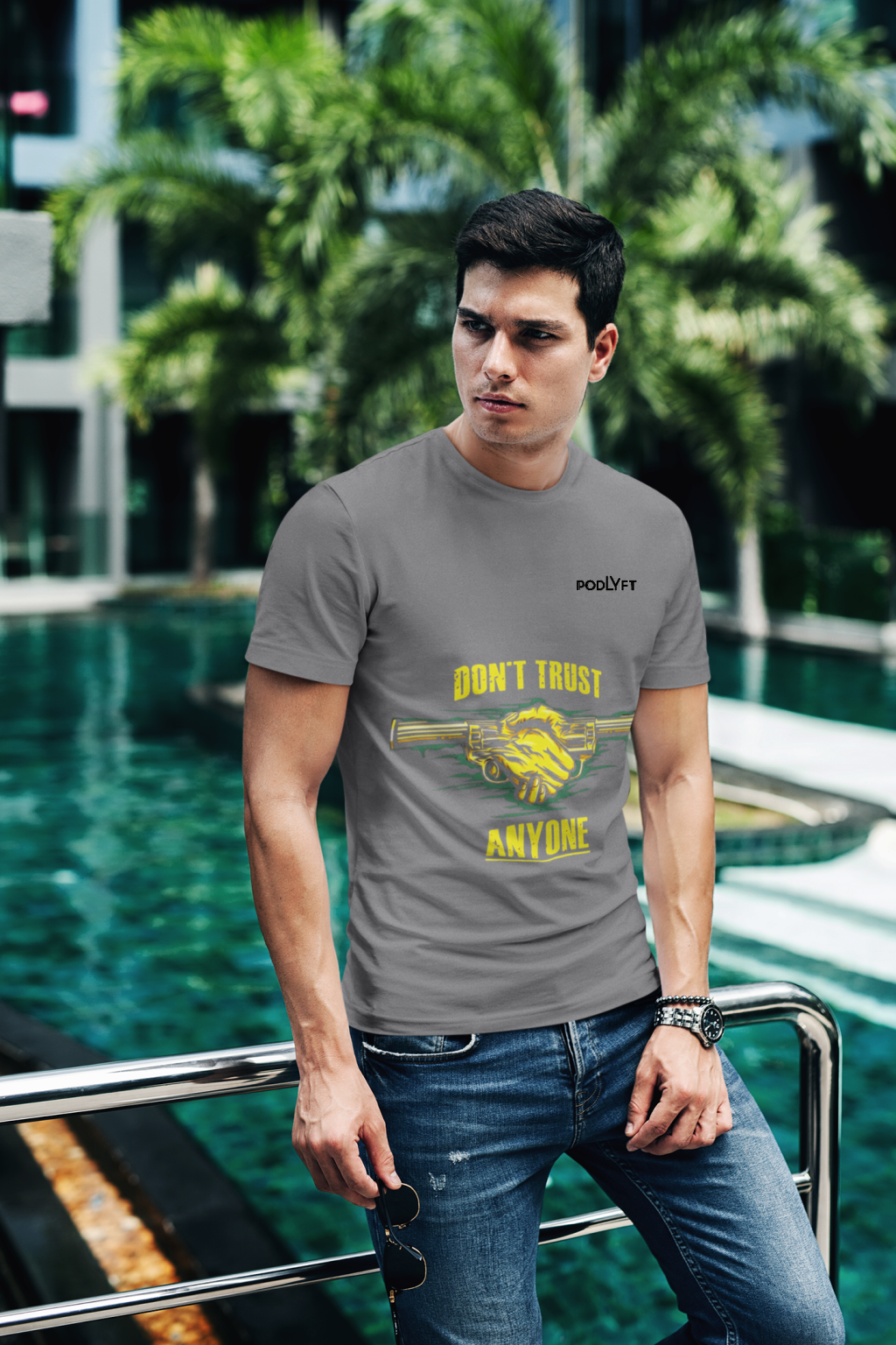 Charcoal Melange Dual Design Graphic T-Shirt in size XS featuring bold 'Don’t Trust Anyone' and 'Defend Their Crown' prints. Made from premium 240 GSM cotton for comfort and style.