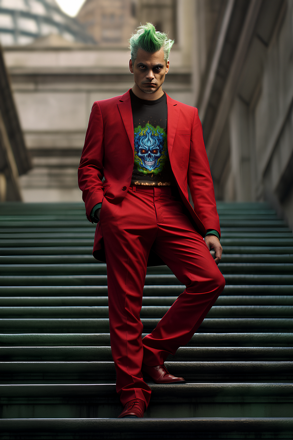 Model wearing the Flaming Fury T-Shirt featuring a fierce blue and orange skull design, styled with a bold red suit, showcasing confidence and edgy fashion.