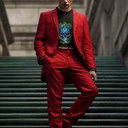 Model wearing the Flaming Fury T-Shirt featuring a fierce blue and orange skull design, styled with a bold red suit, showcasing confidence and edgy fashion.