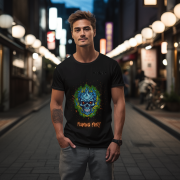 Flaming Fury T-Shirt in Black (Size M) with a vibrant blue and orange skull graphic, ideal for edgy and confident fashion enthusiasts.