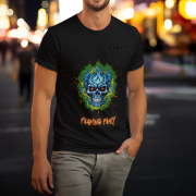 Flaming Fury T-Shirt in Black (Size S) featuring a bold blue and orange skull design, perfect for making a fearless style statement.
