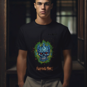 Flaming Fury T-Shirt in Black (Size XL) featuring a fierce blue and orange skull graphic, perfect for those who embrace bold fashion statements.