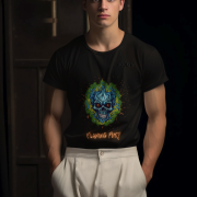 Flaming Fury T-Shirt in Black (Size XXL) with a vivid blue and orange skull design, combining ultimate comfort and striking style.
