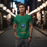 Flaming Fury T-Shirt in Bottle Green (Size M) with a vibrant blue and orange skull graphic, ideal for edgy and confident fashion enthusiasts.