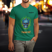Flaming Fury T-Shirt in Bottle Green (Size S) featuring a bold blue and orange skull design, perfect for making a fearless style statement.